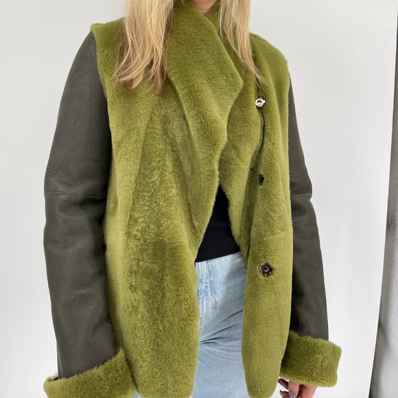 Real Shearling Light Green Crossover Reversible Jacket - Picture 2 of 8